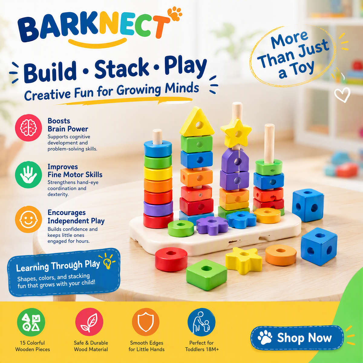 🚀BARKNECT™ Wooden Stacking & Shape Learning Board